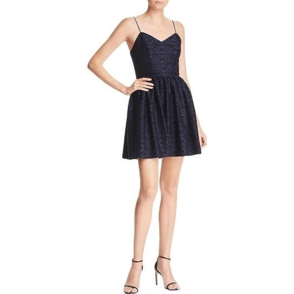 NWT AQUA Navy Black Velvet Brocade Party Dress Large - Picture 1 of 3
